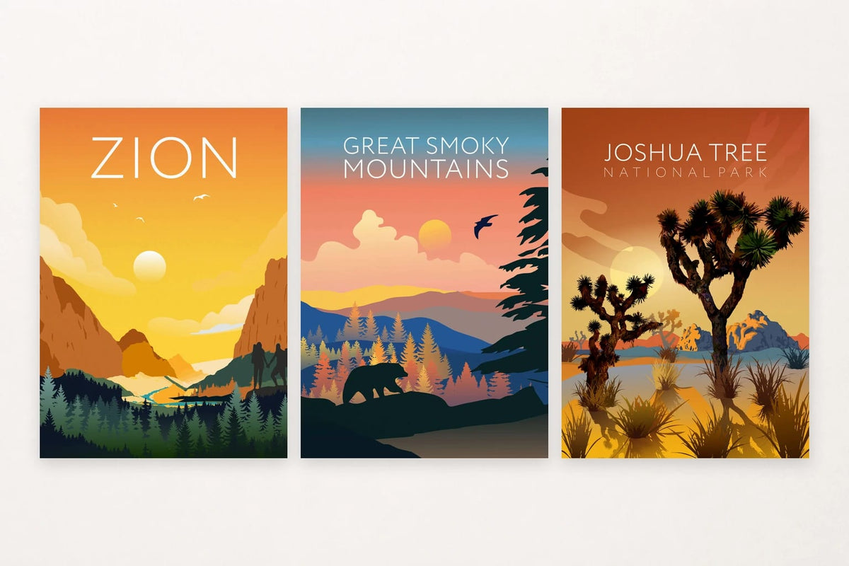 An orange canyon, blue mountain scene, and desert trees contrast warm and cool color.