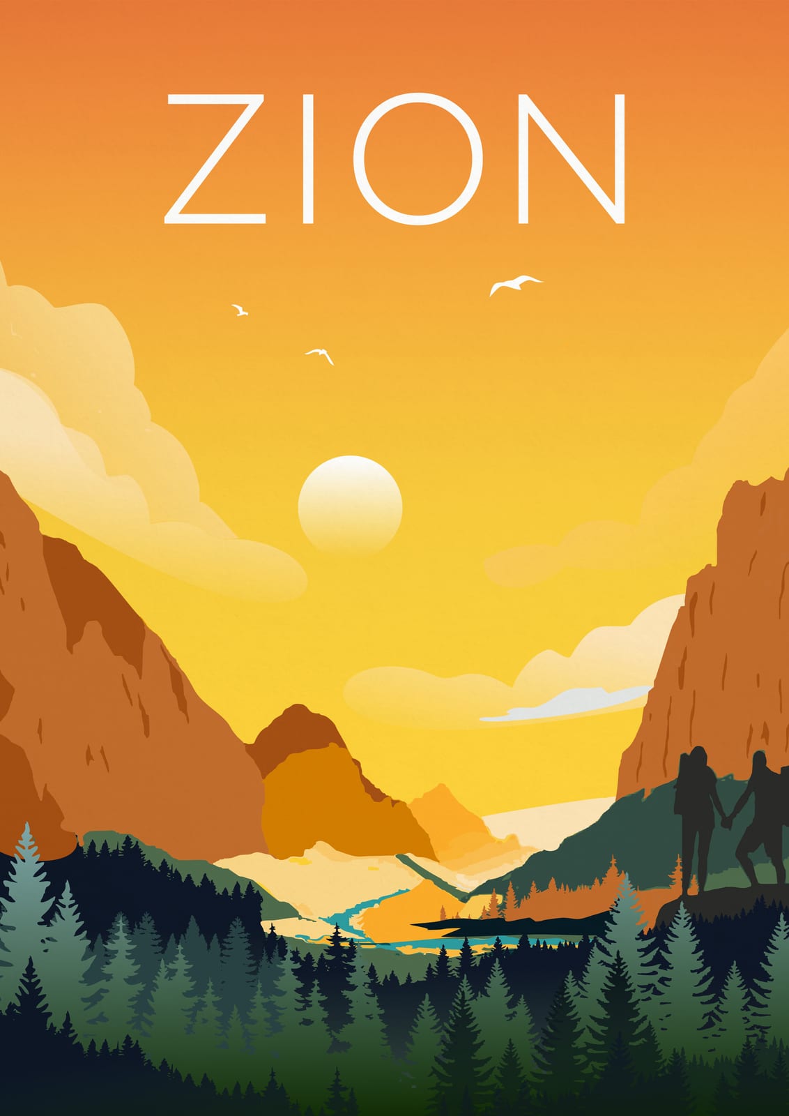 An orange canyon sits beside a dark forest.