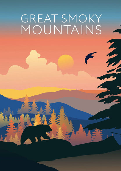 Blue mountains, birds, and a bear silhouette make up the second scene.