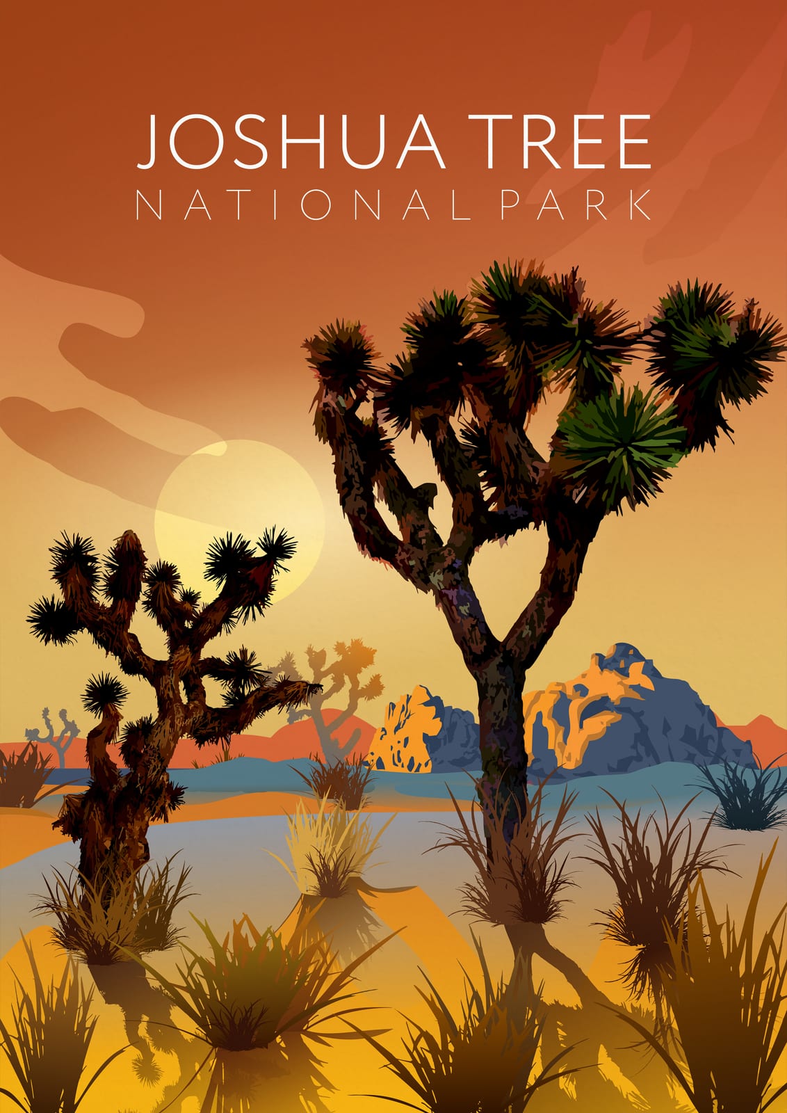 Desert trees and rocks sit beneath an orange sky.