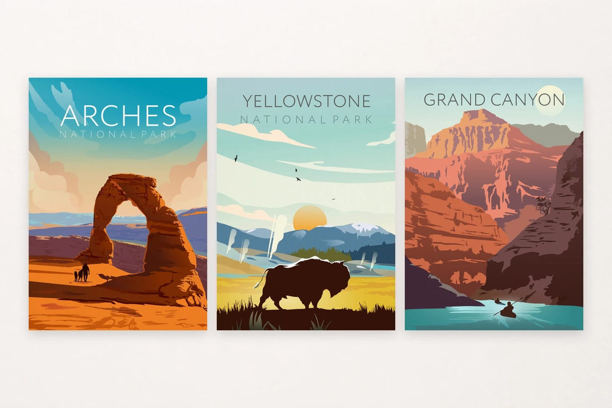 A sculptural rock arch and bison silhouette lead into a river canyon scene.
