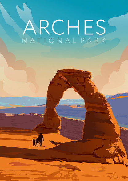 An orange rock arch frames two figures.