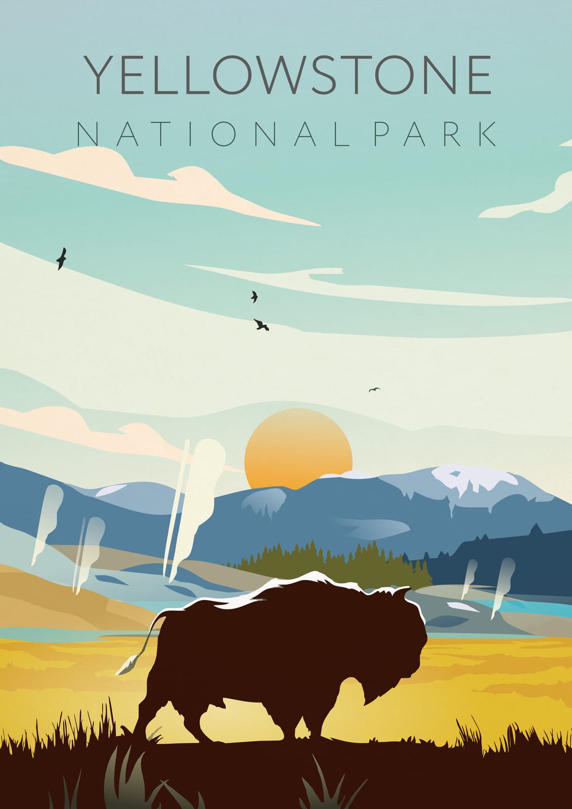 A bison silhouette appears among mountains and steam.