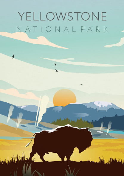 A bison silhouette appears among mountains and steam.