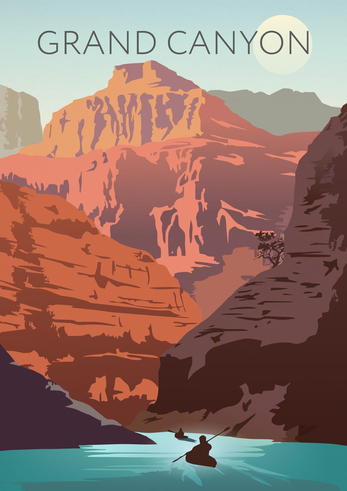 A kayaker moves across a turquoise river in a red canyon.