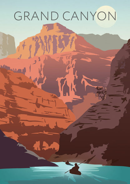 A kayaker moves across a turquoise river in a red canyon.