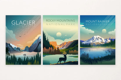 A lake and boat, orange peaks, and a snowy mountain show varied park scenery.