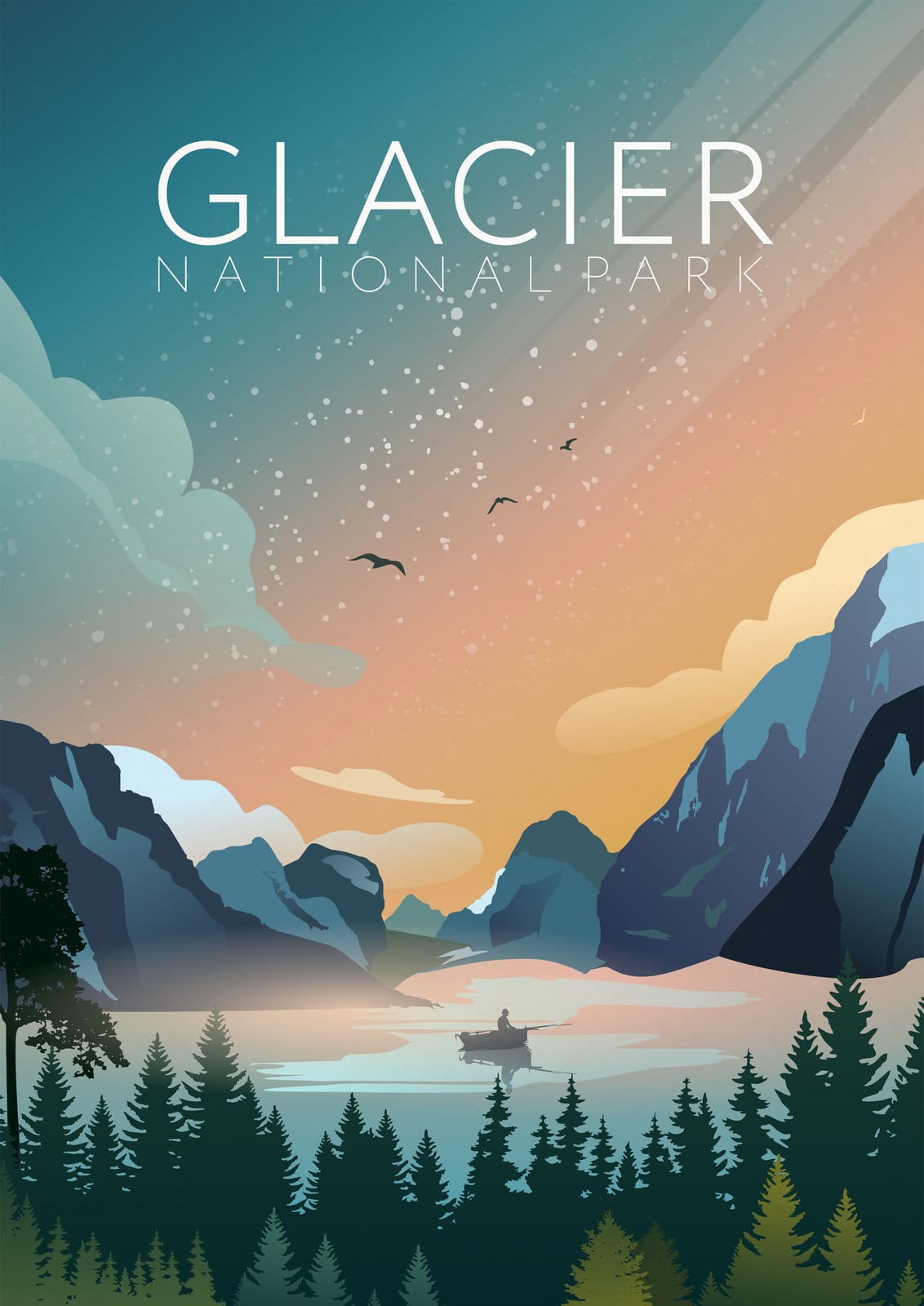 A mountain valley and lake with a boat are labeled “GLACIER.”