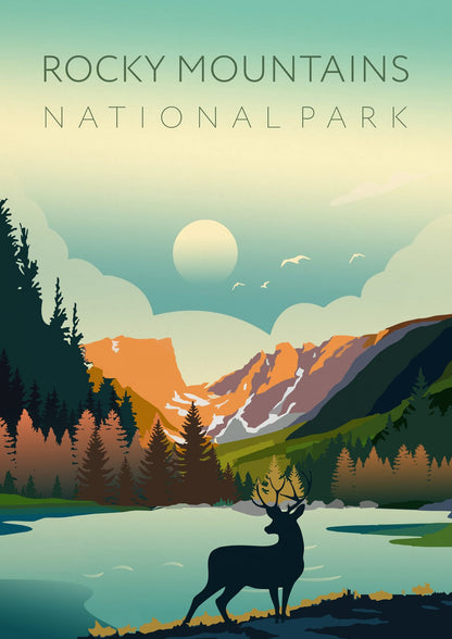 Orange mountains, a deer, and turquoise water are labeled “ROCKY MOUNTAINS.”
