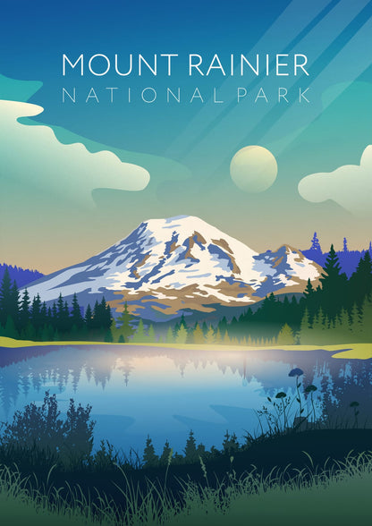 A snowy mountain above a blue lake is labeled “MOUNT RAINIER.”
