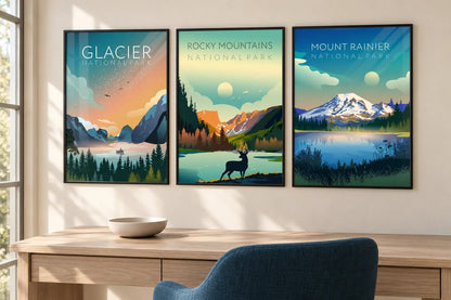 Three park landscapes hang above a light wood desk by a cream wall and blue chair.