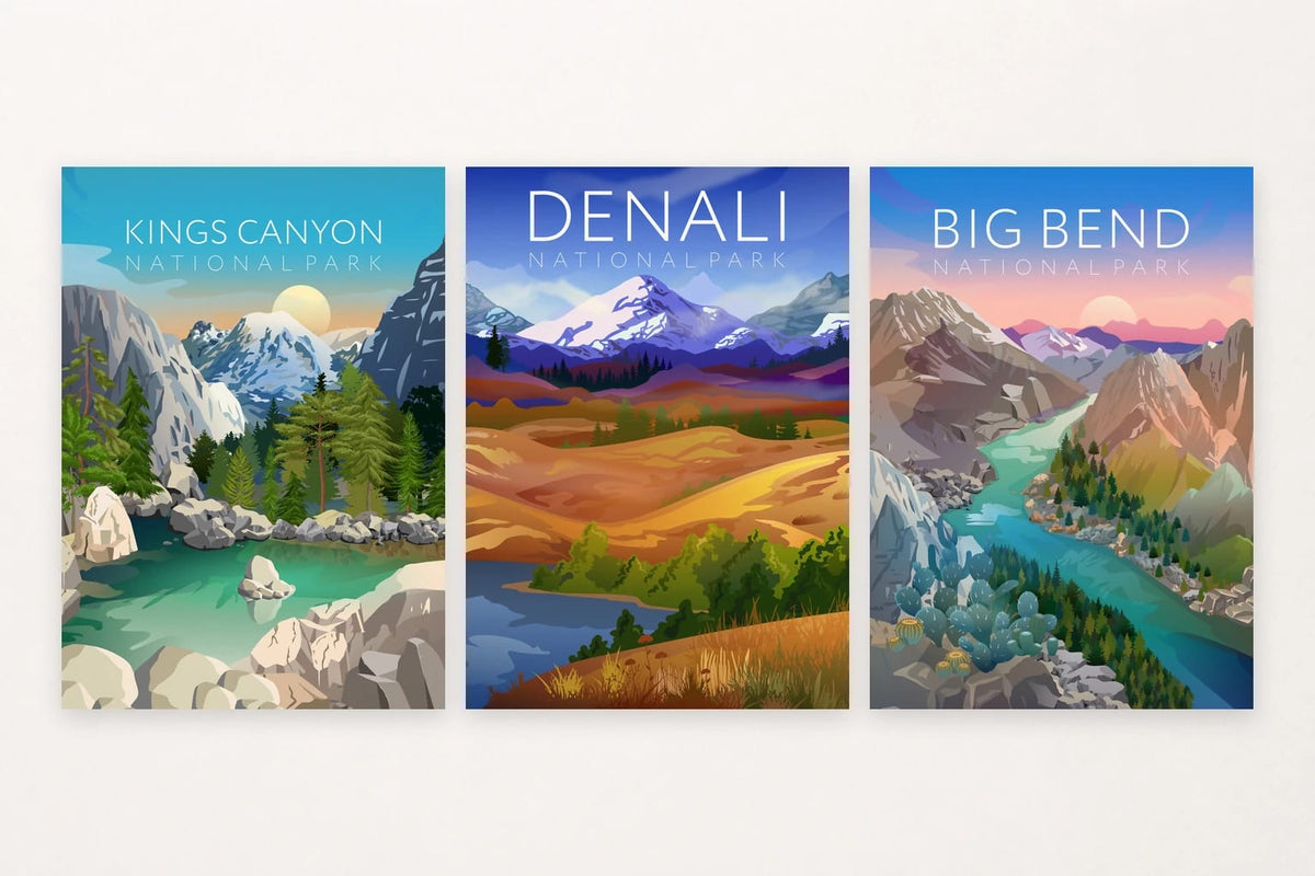 Gray peaks, a snowy summit, and a sunset river bring three named landscapes together.