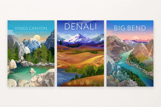 Gray peaks, a snowy summit, and a sunset river bring three named landscapes together.