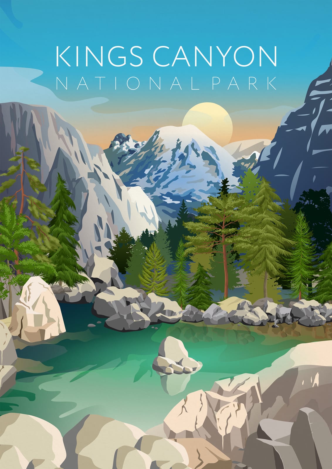 Gray mountains meet turquoise water in a “KINGS CANYON” scene.