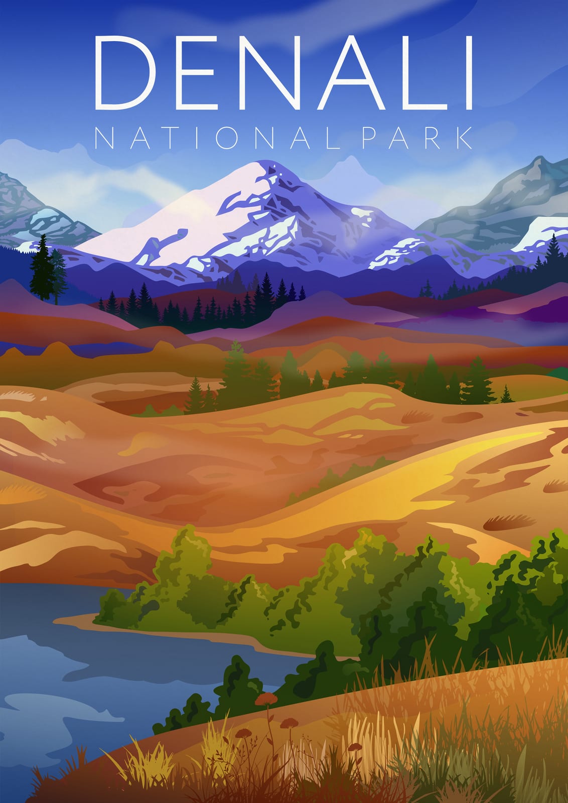 A snowy peak rises above a blue river in a “DENALI” scene.