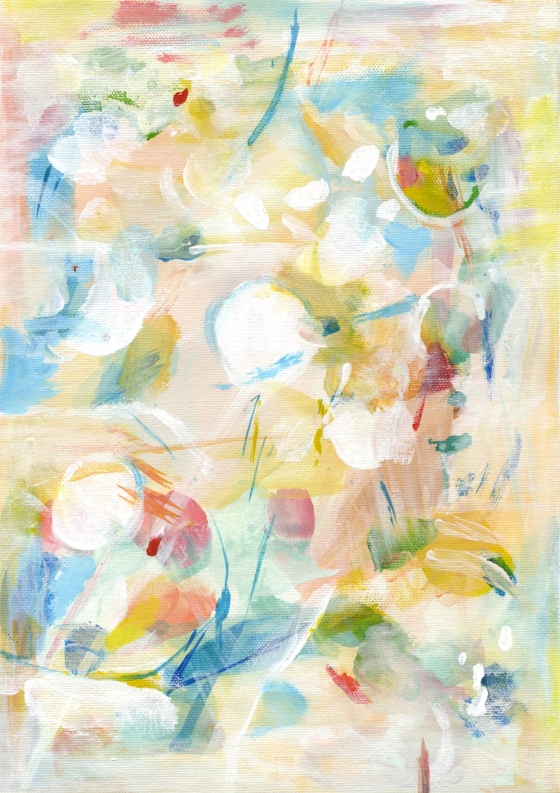 White circles and blue lines overlap pastel shapes.