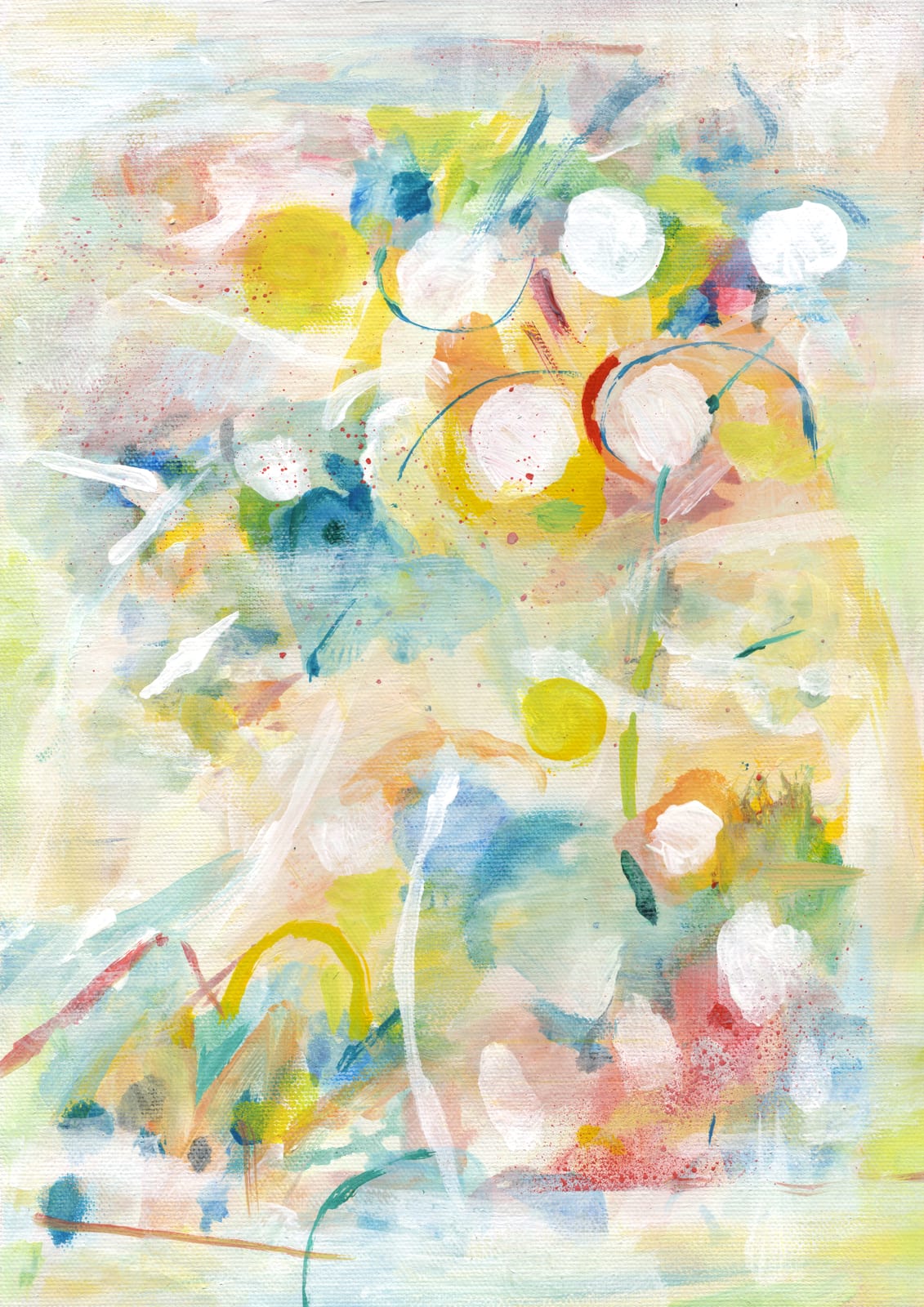 Yellow circles sit among mint and pink brushstrokes.