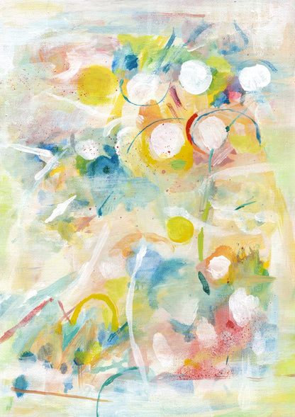 Yellow circles sit among mint and pink brushstrokes.