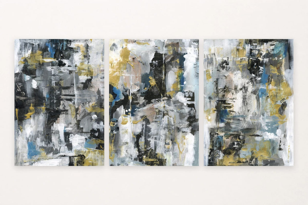 Rectangles, a tall dark form, and layered brush marks create bold contrast.