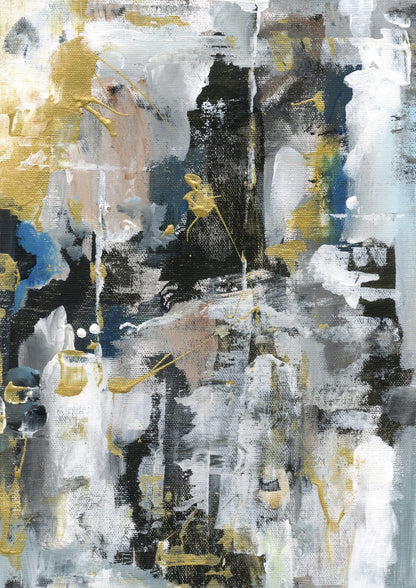 A dark vertical shape carries ochre and blue details.