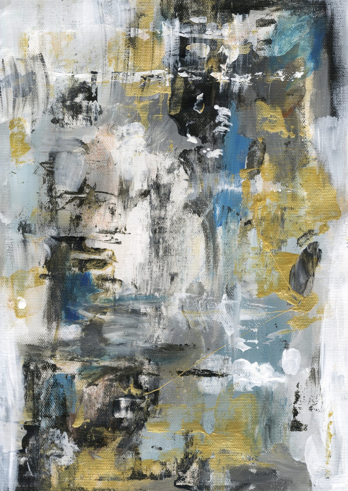 Layered white and black brush marks include ochre.