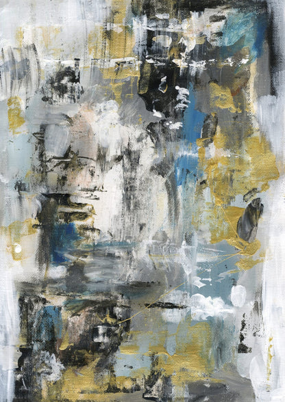 Layered white and black brush marks include ochre.