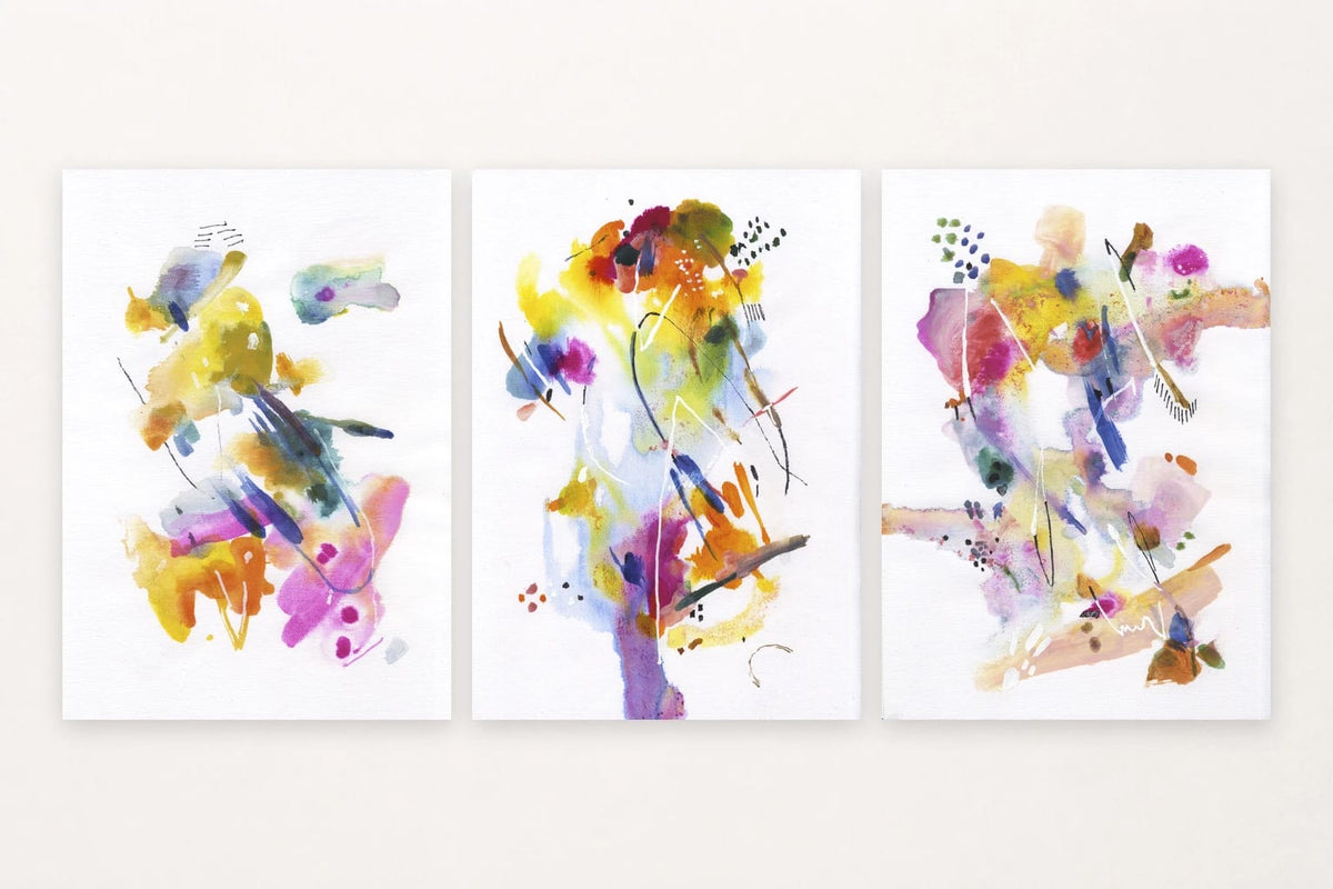 Yellow, blue, and purple strokes shift into vertical blocks and fine-line forms.