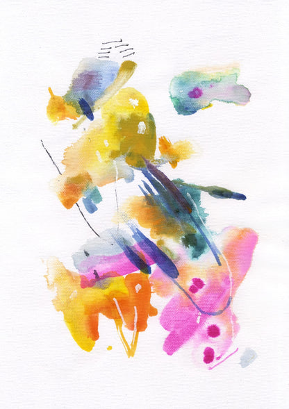 Yellow, blue, and purple brush marks sit on white.