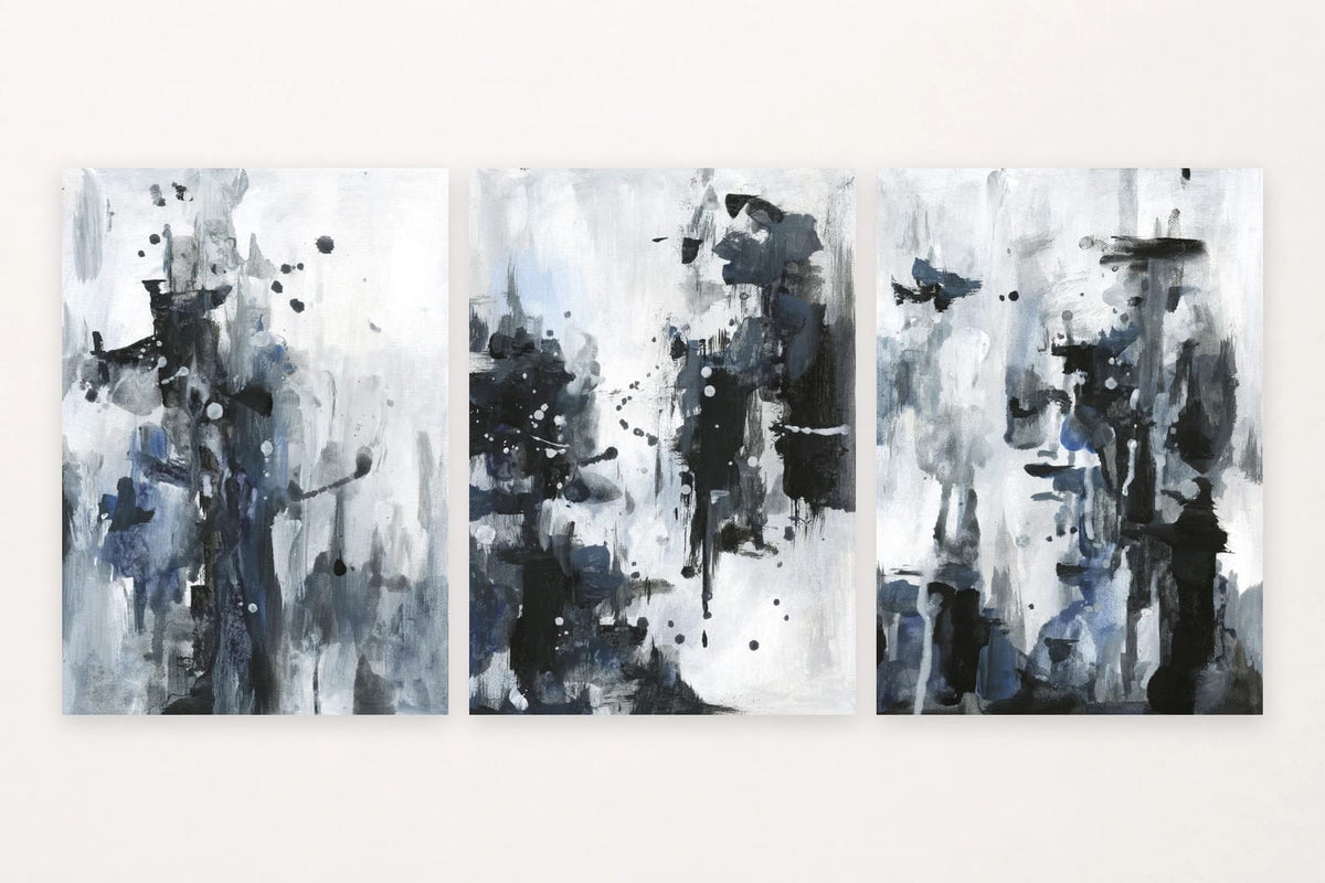 A blue accent, pale center stripe, and long dark marks vary the weight of each panel.