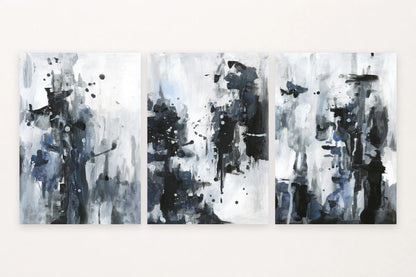 A blue accent, pale center stripe, and long dark marks vary the weight of each panel.