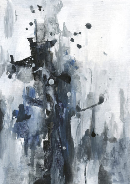 A dark vertical shape and dots include a blue accent.