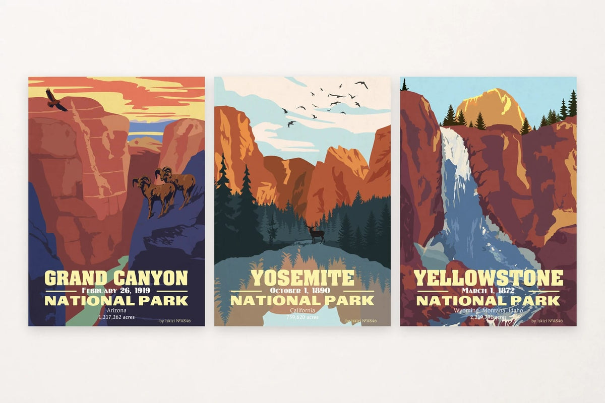 Three landscape prints: Grand Canyon sheep, Yosemite lake and deer, Yellowstone waterfall.