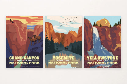 Three landscape prints: Grand Canyon sheep, Yosemite lake and deer, Yellowstone waterfall.
