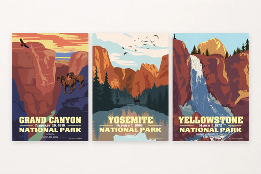 Three landscape prints: Grand Canyon sheep, Yosemite lake and deer, Yellowstone waterfall.