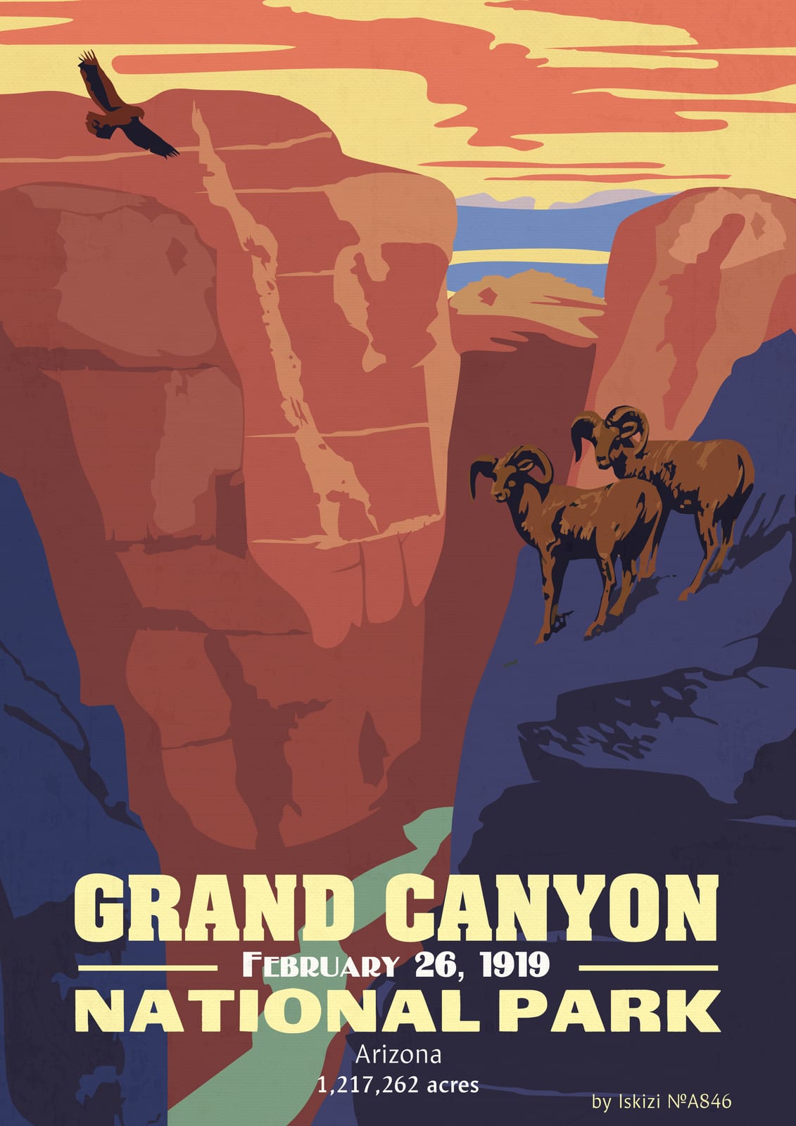 Landscape print showing Grand Canyon rock walls and two bighorn sheep.