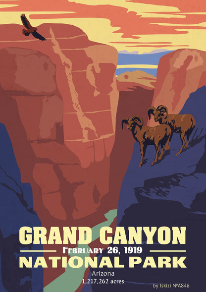 Landscape print showing Grand Canyon rock walls and two bighorn sheep.
