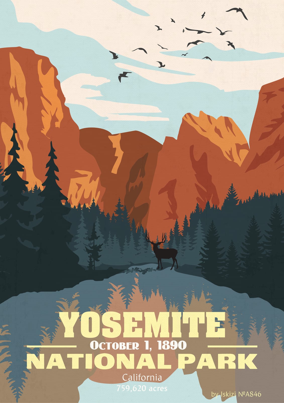 Landscape print showing Yosemite cliffs, a lake, and a deer.