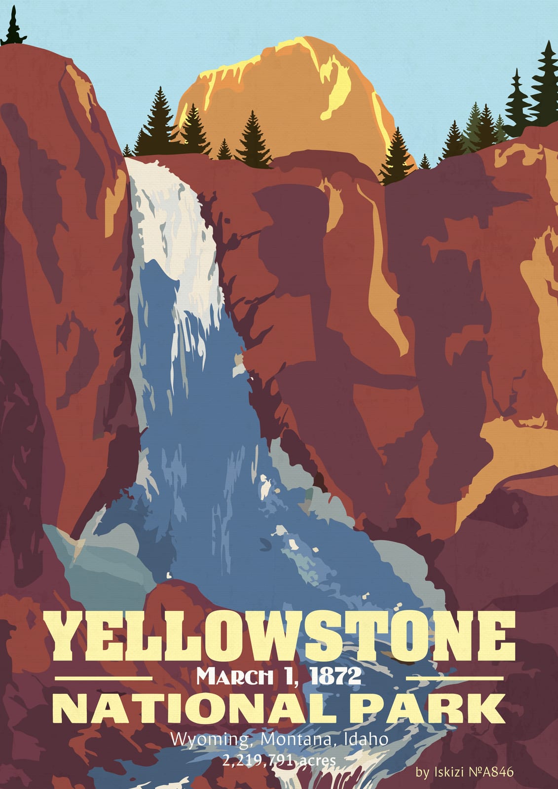 Landscape print showing a Yellowstone waterfall between rock faces.