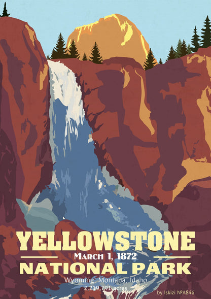 Landscape print showing a Yellowstone waterfall between rock faces.