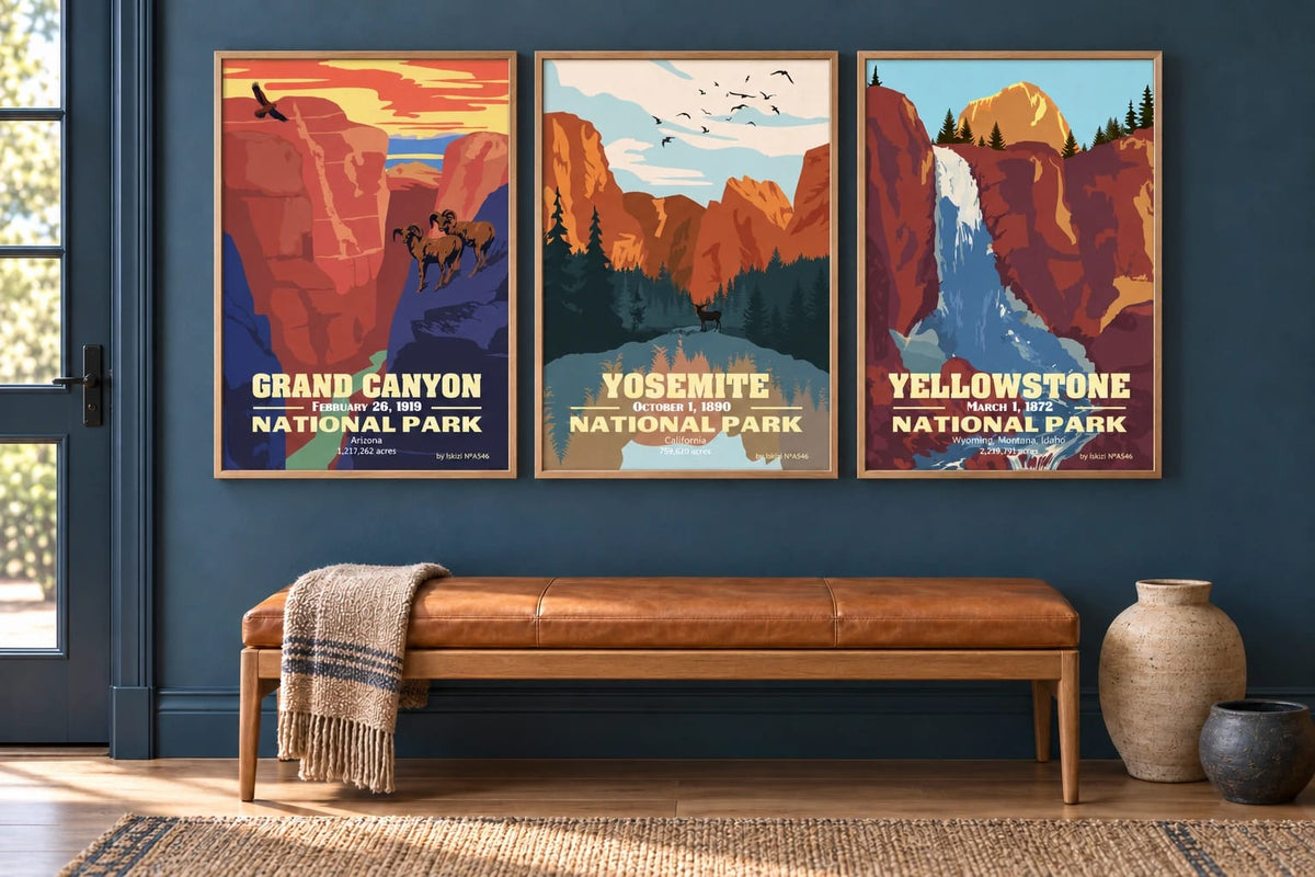 Three park prints against a deep blue wall above a bench with a leather seat.