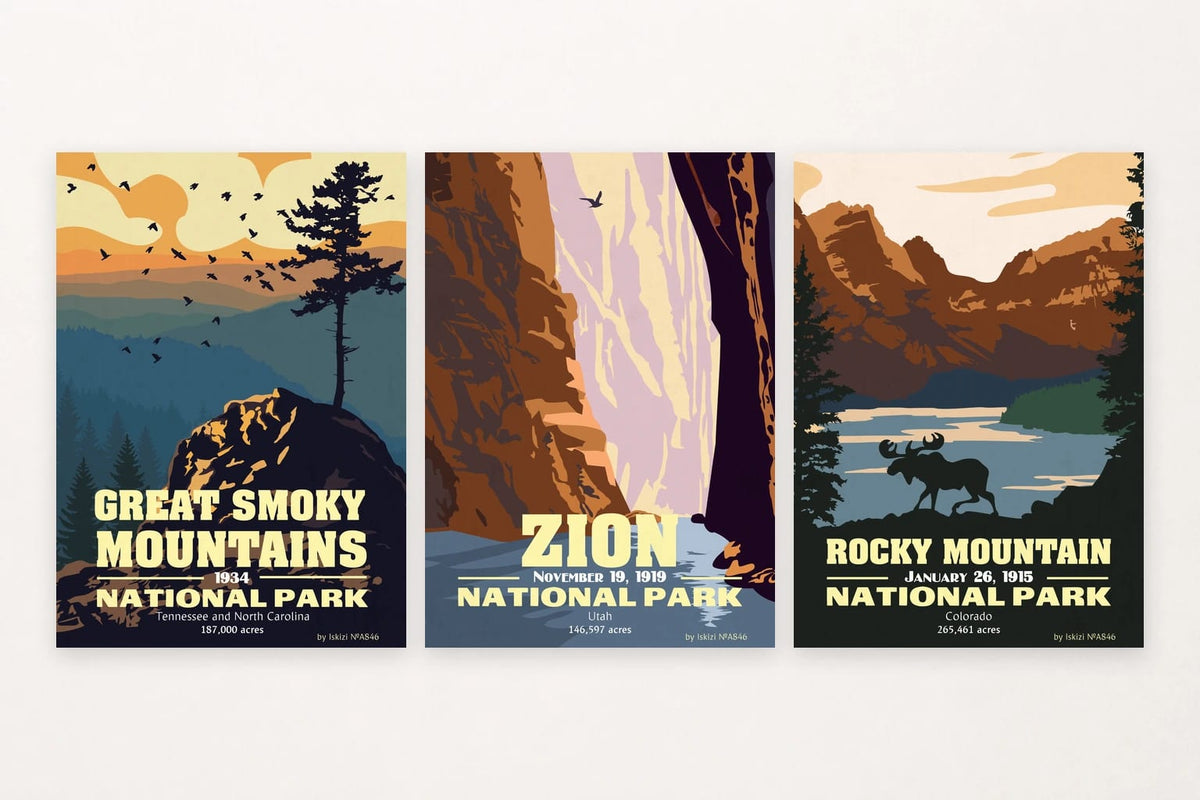 Three landscape prints: Smoky Mountain birds, Zion canyon water, Rocky Mountain moose.