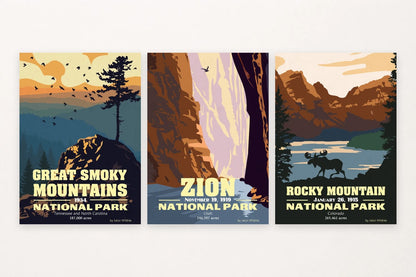 Three landscape prints: Smoky Mountain birds, Zion canyon water, Rocky Mountain moose.