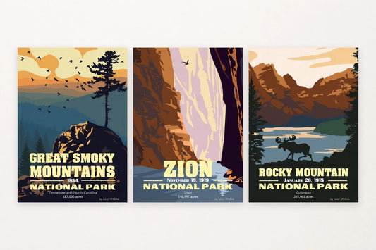 Three landscape prints: Smoky Mountain birds, Zion canyon water, Rocky Mountain moose.