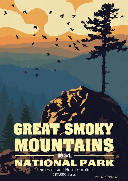 Landscape print showing wooded Smoky Mountain slopes with bird silhouettes.