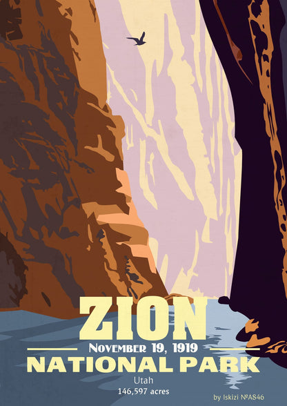 Landscape print showing a narrow orange Zion canyon with water.