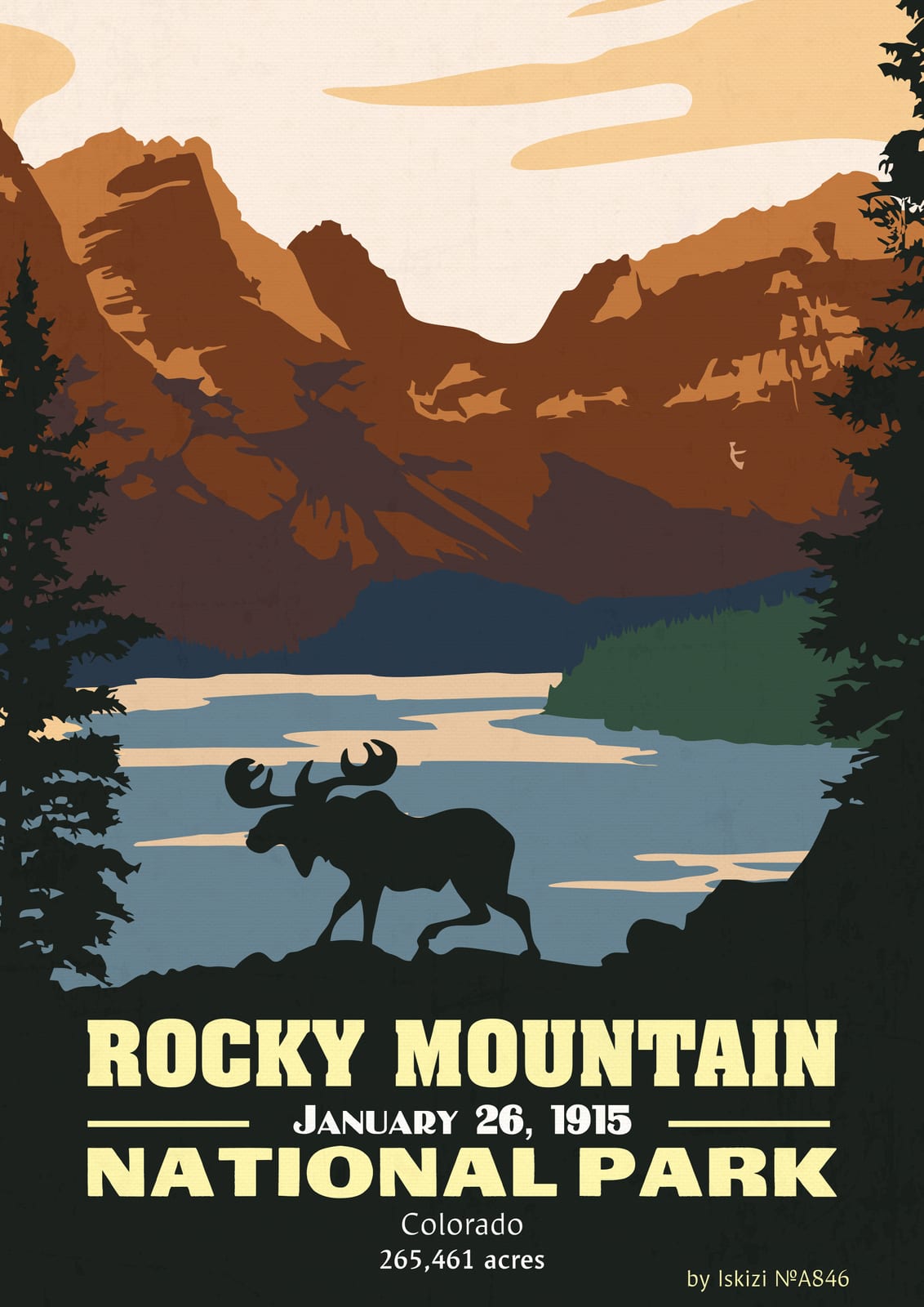 Landscape print showing a blue Rocky Mountain lake and a moose.