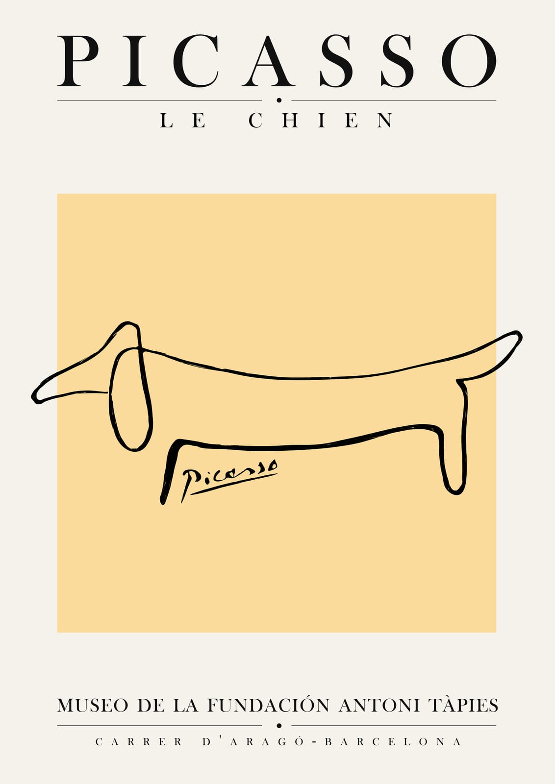 Long outline dog on pale yellow.