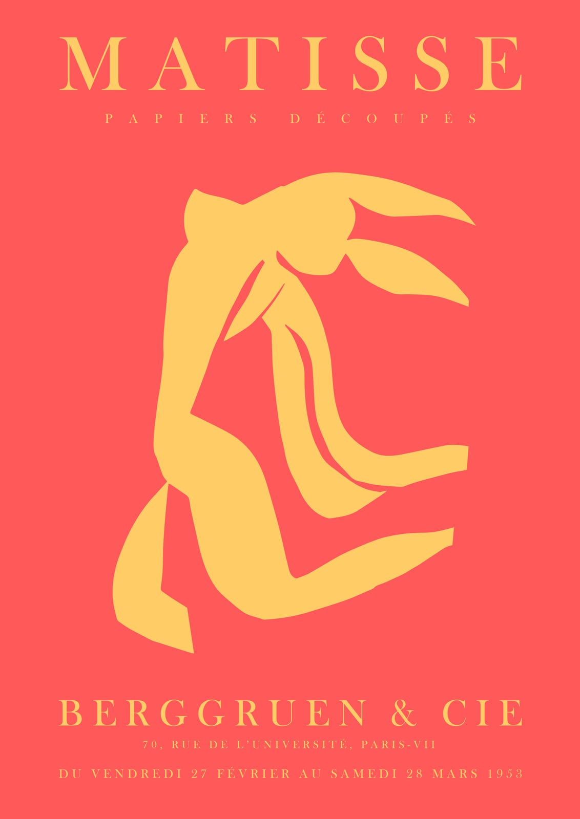 Yellow seated figure on coral red.