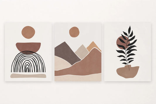 Circles and arch, layered mountains, and a leafy branch over terracotta.