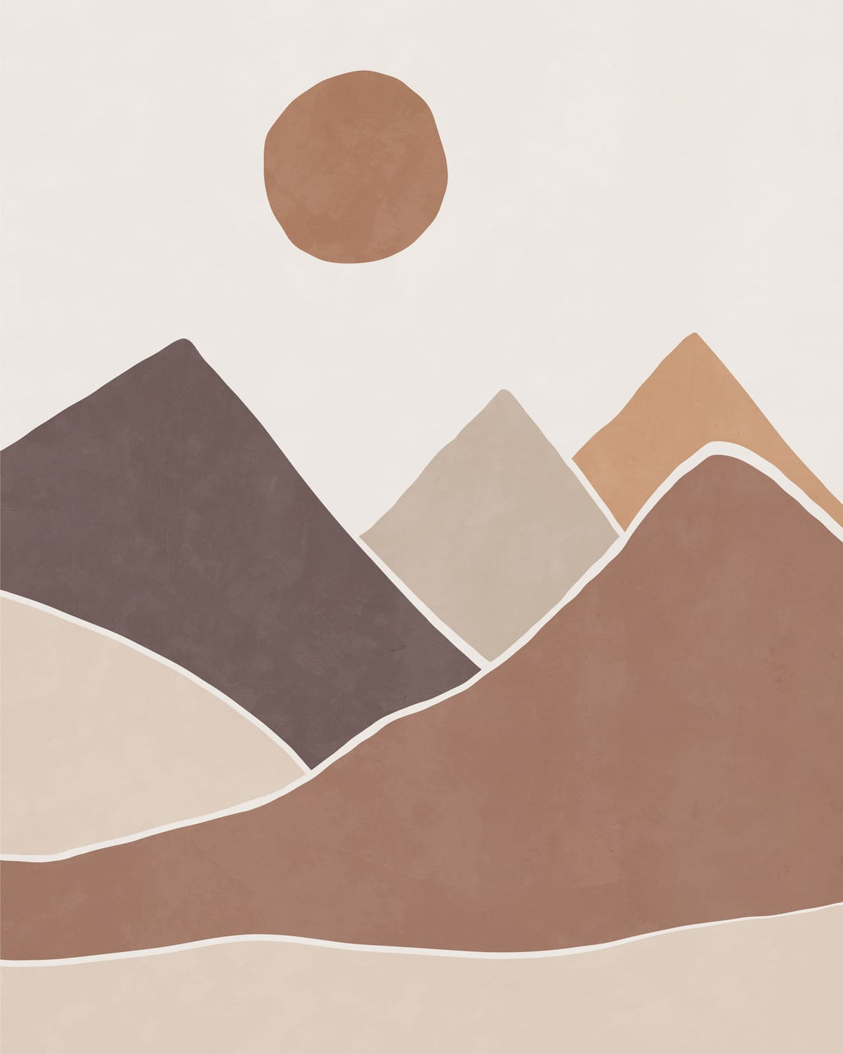 Layered abstract mountains beneath a round disk.